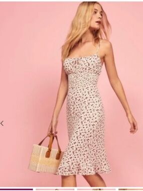 Reformation off white red floral crepe spaghetti strap smocked waist dress 4 6